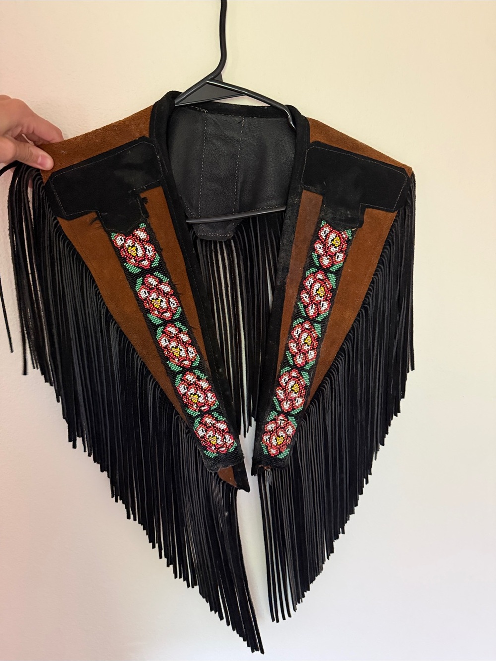 Fringed Suede and Leather Jacket Collar with Floral Beadwork - Black & Brown